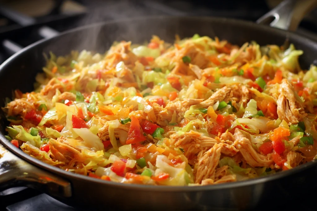 Chicken and vegetables cooking for a Cheesy Chicken Garlic Bread Sandwich filling
