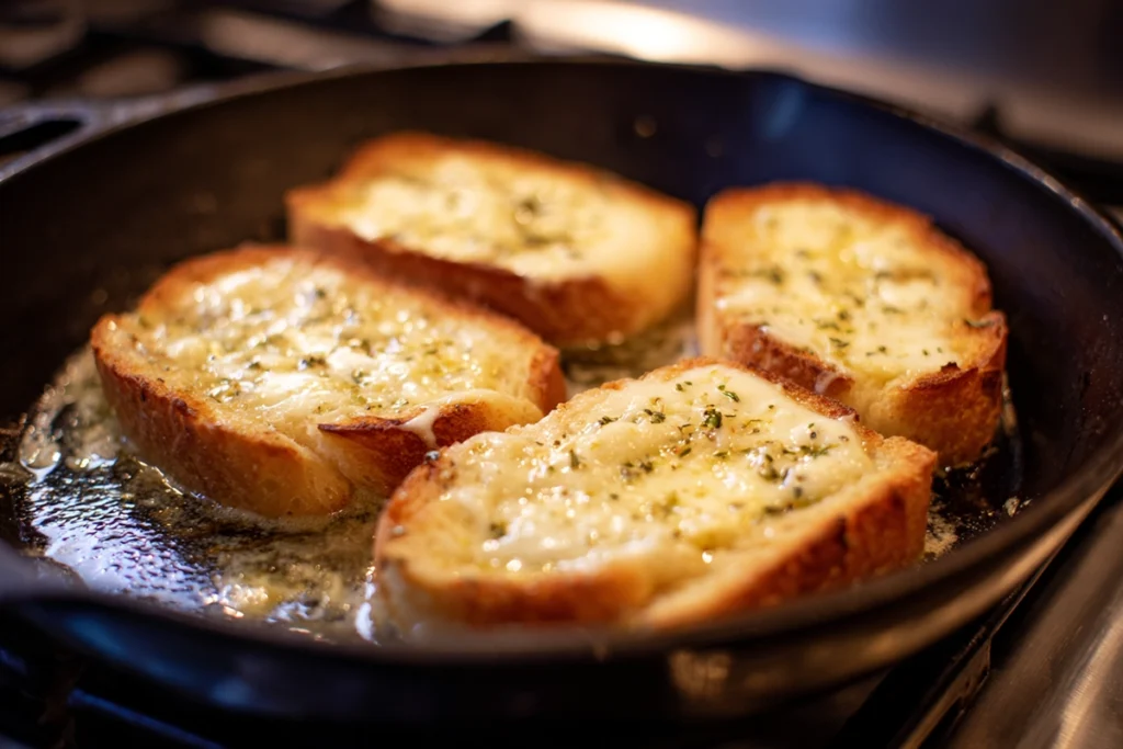 Cheesy garlic bread melting in a skillet for a Cheesy Chicken Garlic Bread Sandwich