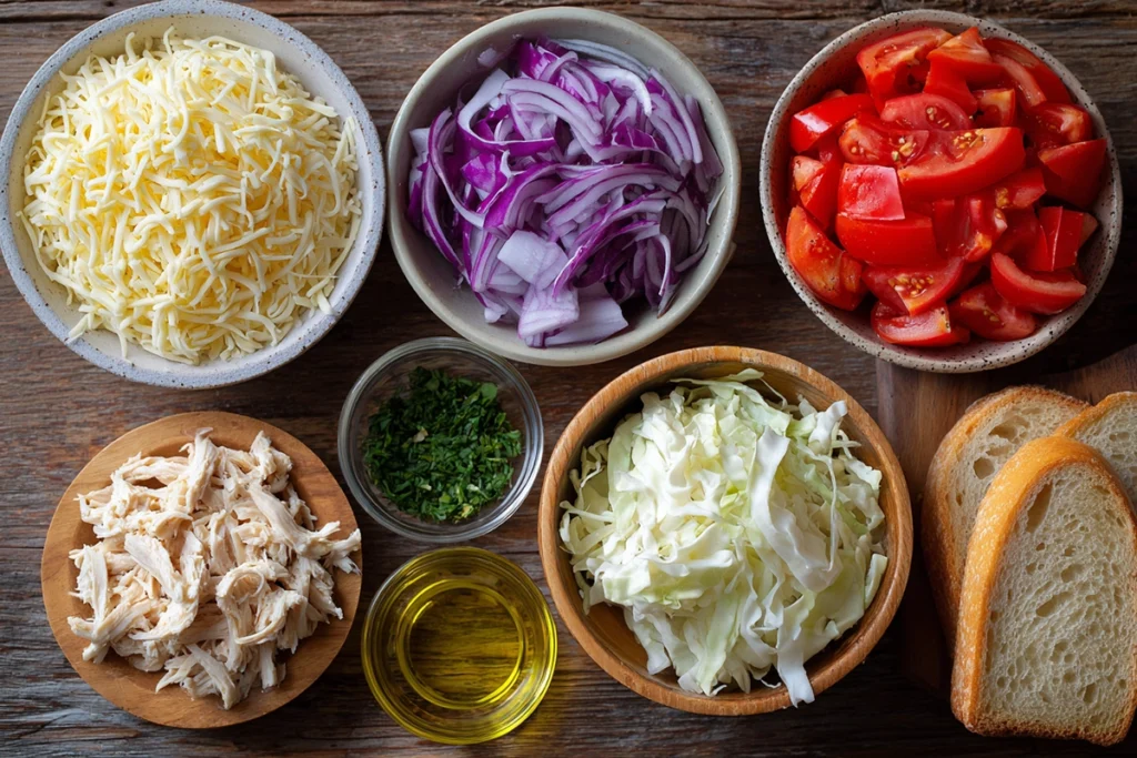 Ingredients for Cheesy Chicken Garlic Bread Sandwich arranged on a wooden kitchen table