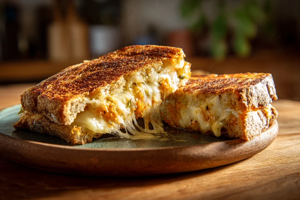Cheesy Chicken Garlic Bread Sandwich cut open and steaming on a kitchen table