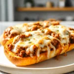 Cheesy Garlic Bread Sloppy Joe Melts plated fresh on a modern ceramic plate