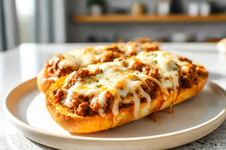 Cheesy Garlic Bread Sloppy Joe Melts plated fresh on a modern ceramic plate