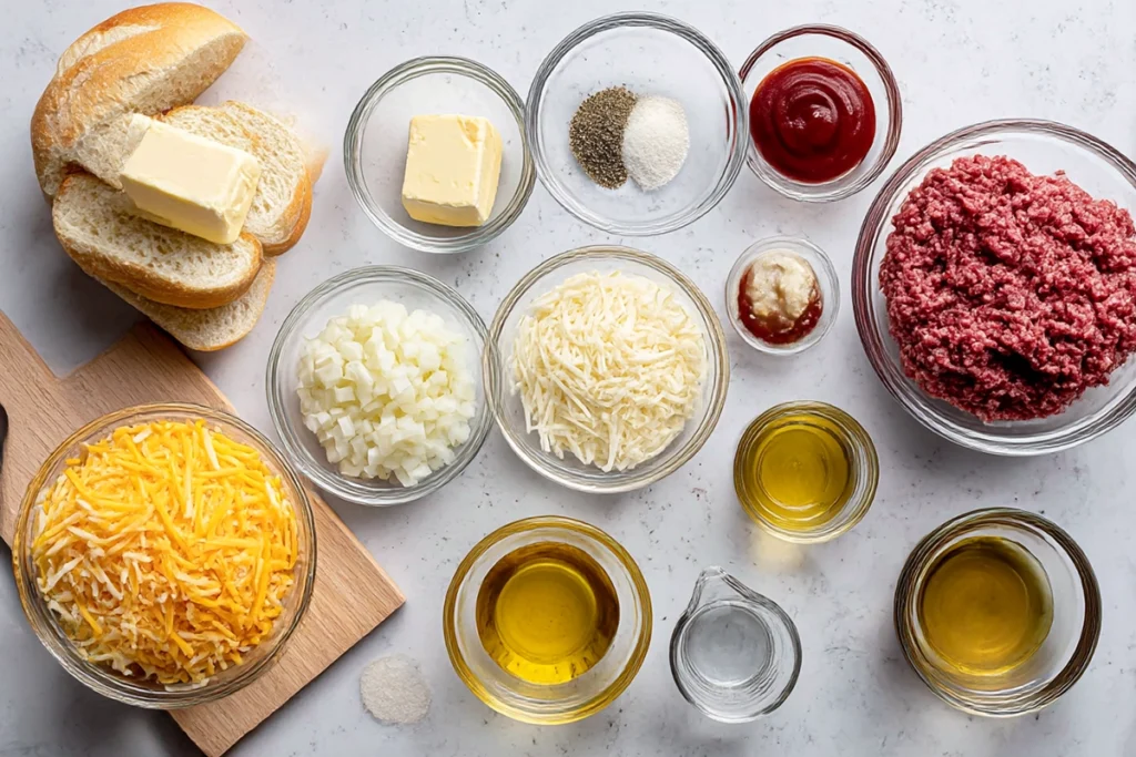 Ingredients for Cheesy Garlic Bread Sloppy Joe Melts arranged overhead