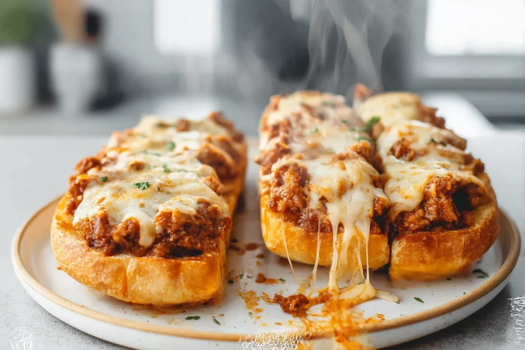 Cheesy Garlic Bread Sloppy Joe Melts sliced and ready to serve