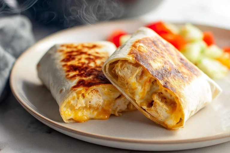 Cheesy garlic chicken wraps plated fresh on a ceramic plate in a home kitchen