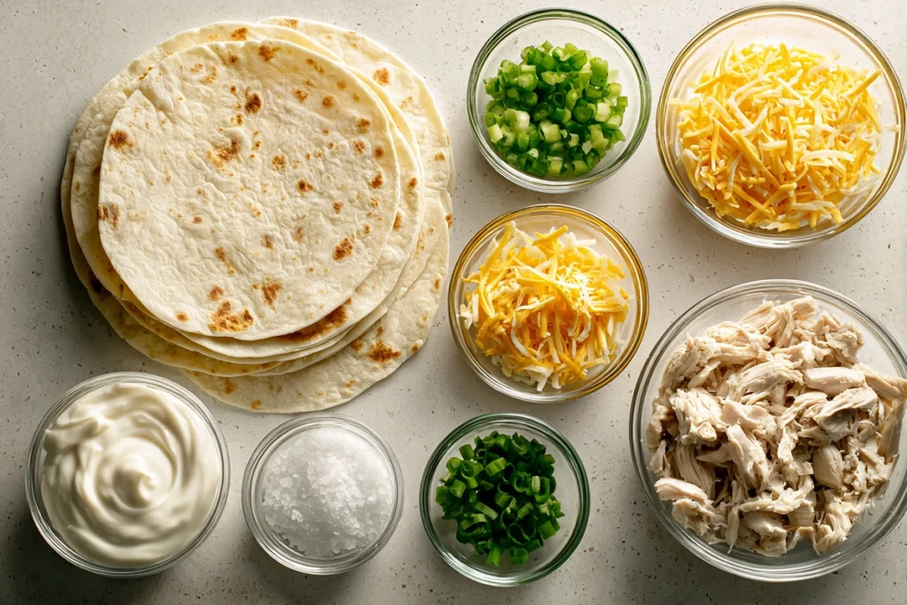 Ingredients for cheesy garlic chicken wraps arranged neatly on a kitchen counter