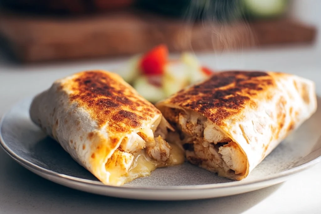 Cheesy garlic chicken wraps cut open showing melted cheese and chicken
