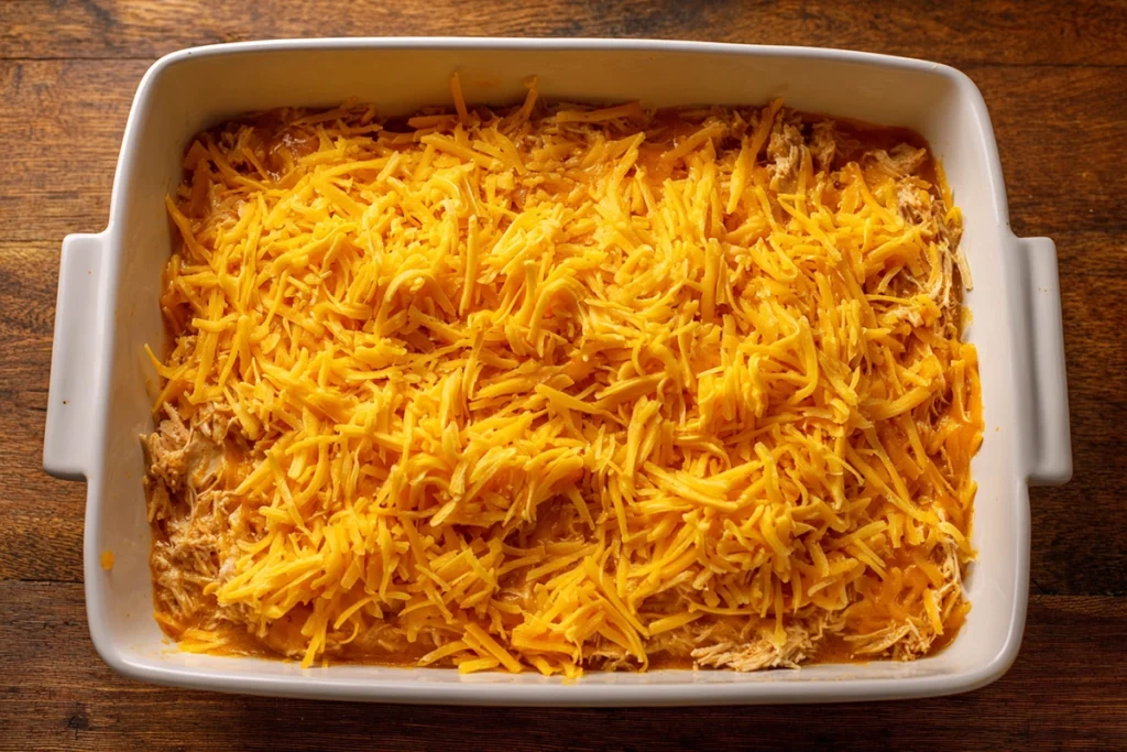 Cheese melting on Ground Turkey Sweet Potato Casserole Recipe before final bake