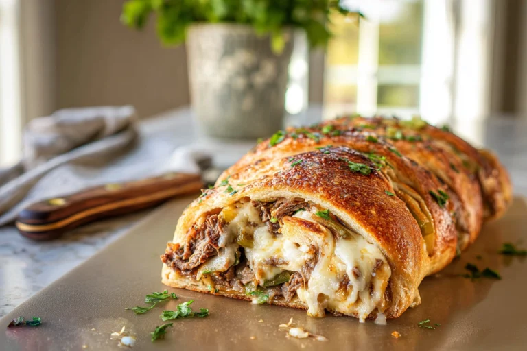 finished mozzarella cheesesteak stromboli sliced on counter with melted mozzarella