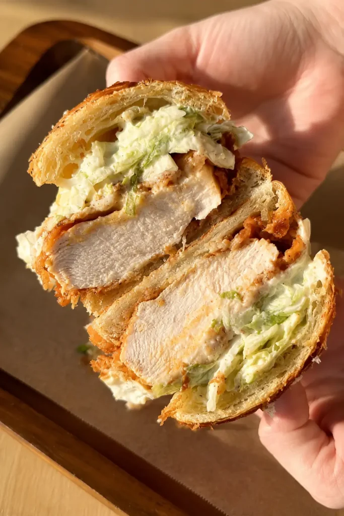 Chicken Caesar Croissant Sandwich with Crispy Hot Honey Chicken 3 Chicken Caesar Croissant Sandwich cut in half with crispy chicken and Caesar salad