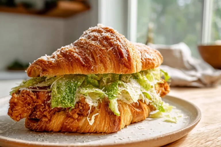 Chicken Caesar Croissant Sandwich served on a ceramic plate in a cozy home kitchen