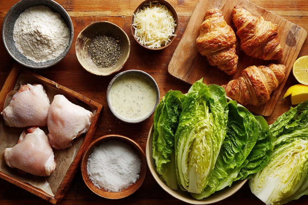 Ingredients for Chicken Caesar Croissant Sandwich arranged on a wooden kitchen counter