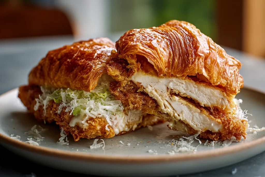 Chicken Caesar Croissant Sandwich cut in half and ready to eat