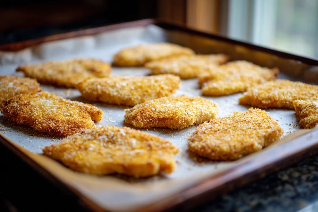 Chicken Cutlets In Oven coated with breadcrumbs and ready to bake
