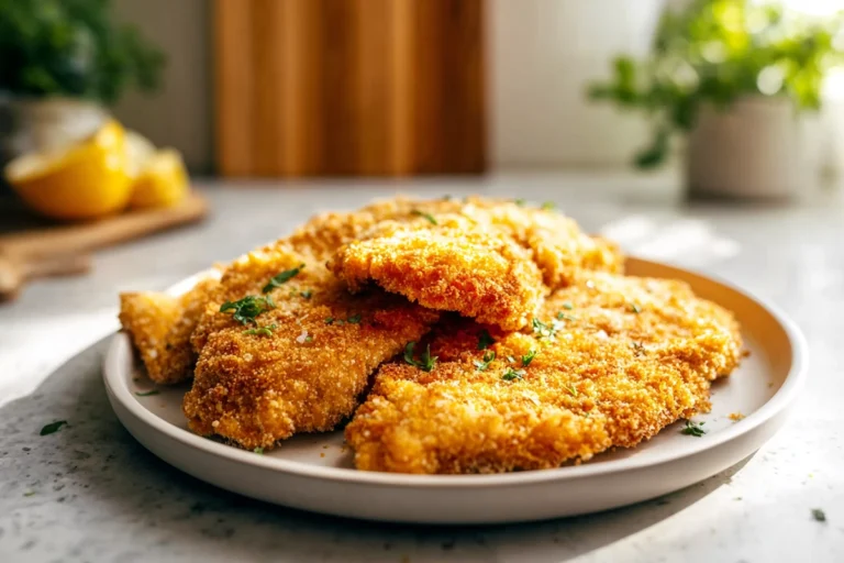 Chicken Cutlets In Oven baked until golden and crispy on a modern plate