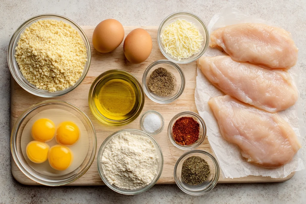 Ingredients for Chicken Cutlets In Oven arranged neatly on a kitchen counter