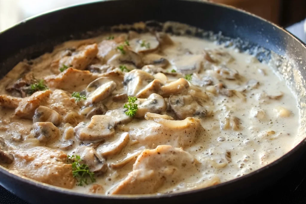 Cream sauce simmering in a skillet for Chicken Fettuccine Alfredo
