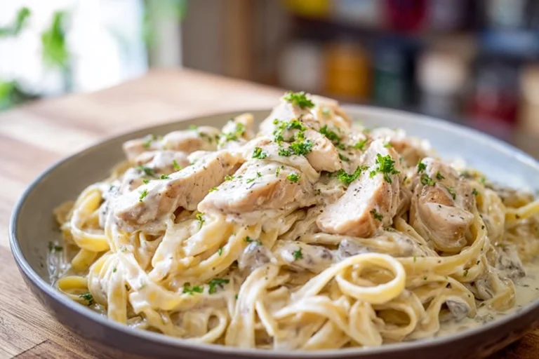Chicken Fettuccine Alfredo served on a ceramic plate in a cozy home kitchen