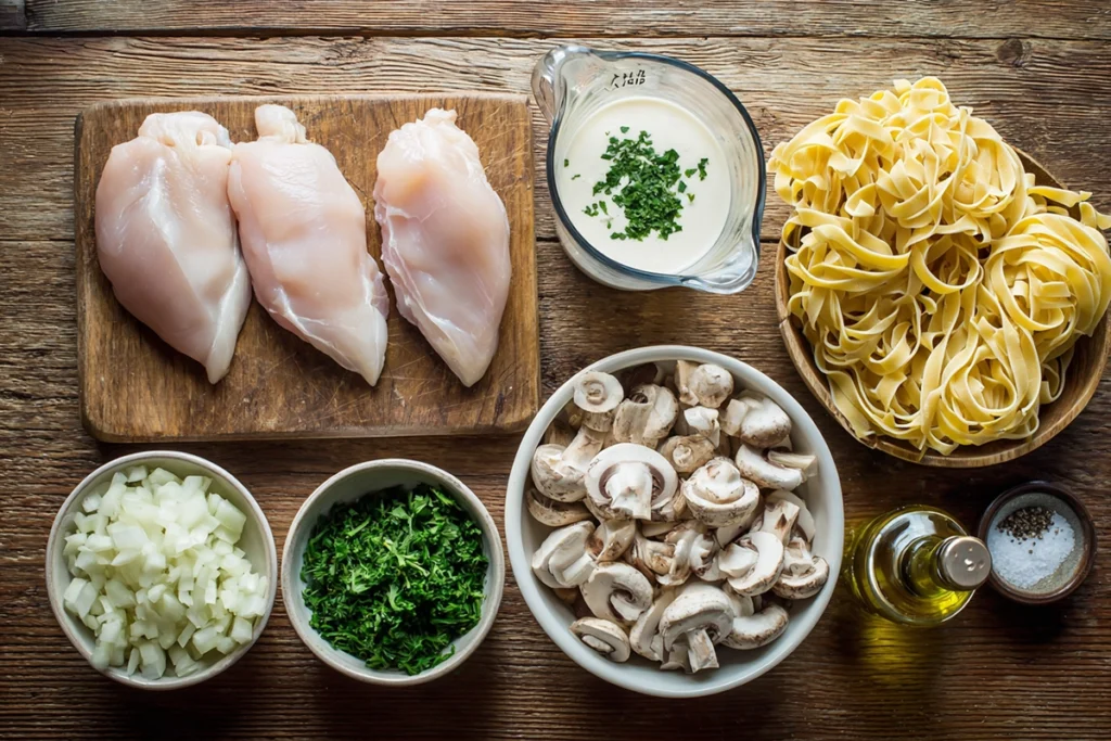 Ingredients for Chicken Fettuccine Alfredo arranged on a wooden kitchen counter