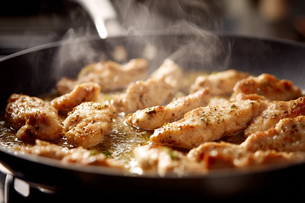 Chicken being sautéed in a skillet for Chicken Fettuccine Alfredo