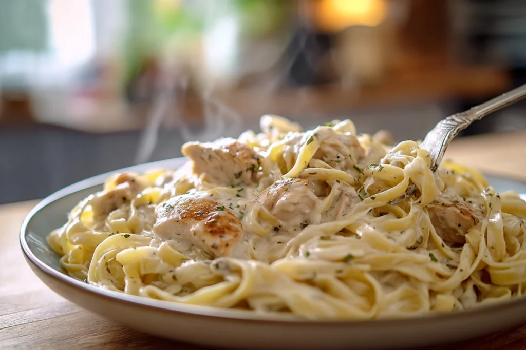 Warm Chicken Fettuccine Alfredo served in a bowl just before eating