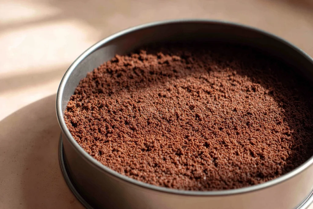 Pressing the cookie crust for Butterscotch Pecan Cheesecake into a springform pan