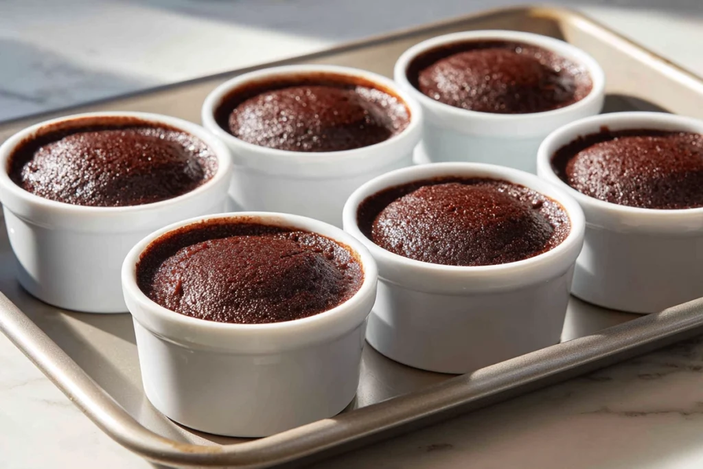 Chocolate Lava Cake baking with set edges and soft centers in ramekins