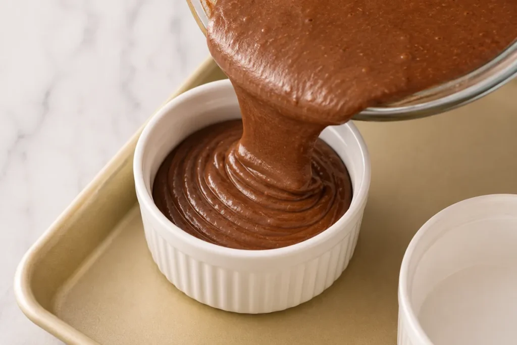 Chocolate Lava Cake with a Soft Molten Center 6 chocolate lava cake batter in ramekin