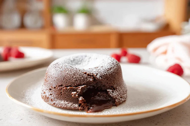 Chocolate Lava Cake served warm on a ceramic plate in a cozy home kitchen