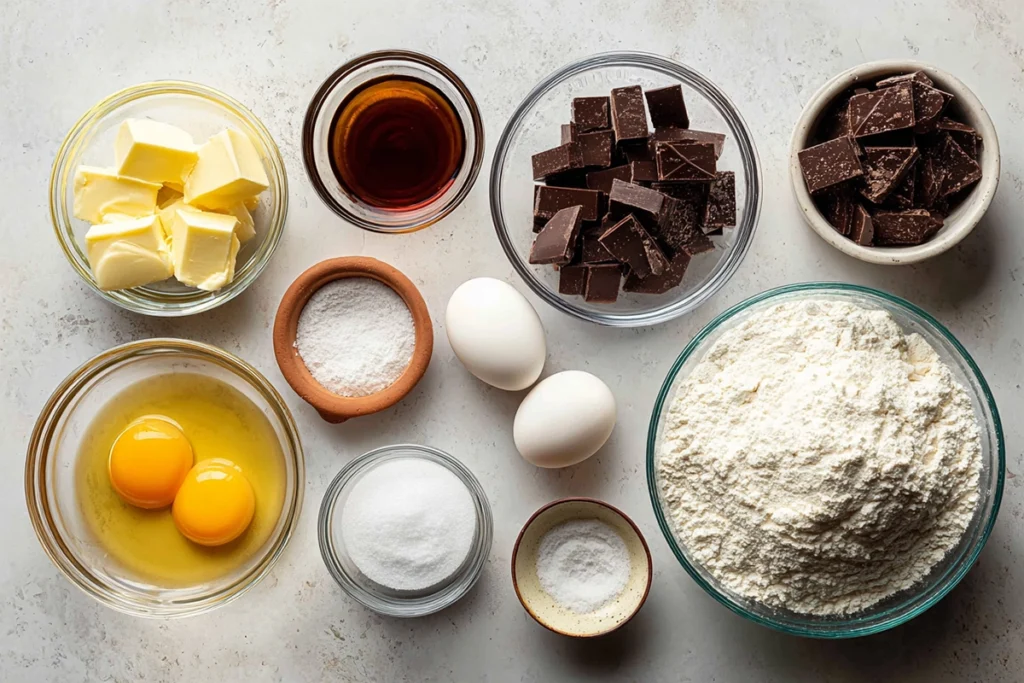 Ingredients for Chocolate Lava Cake arranged neatly on a kitchen counter