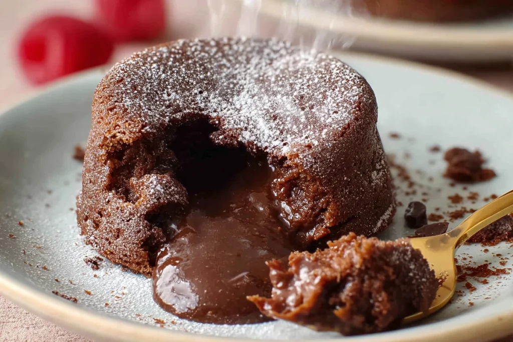 Chocolate Lava Cake cut open with warm molten chocolate center