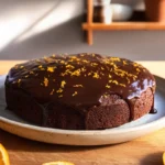 Chocolate Orange Glaze Cake plated on a ceramic dish in a cozy home kitchen