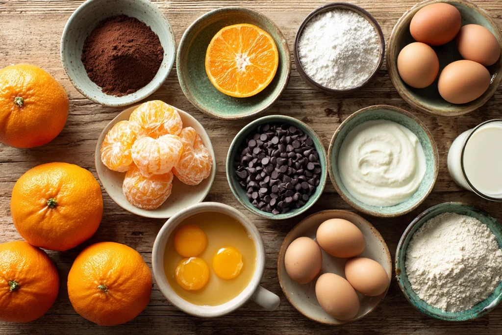 Ingredients for Chocolate Orange Glaze Cake arranged overhead on a wooden counter
