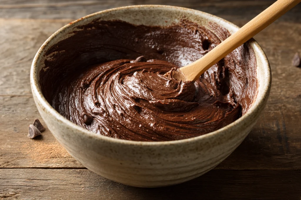 Mixing rich chocolate batter for Chocolate Orange Glaze Cake in a home kitchen