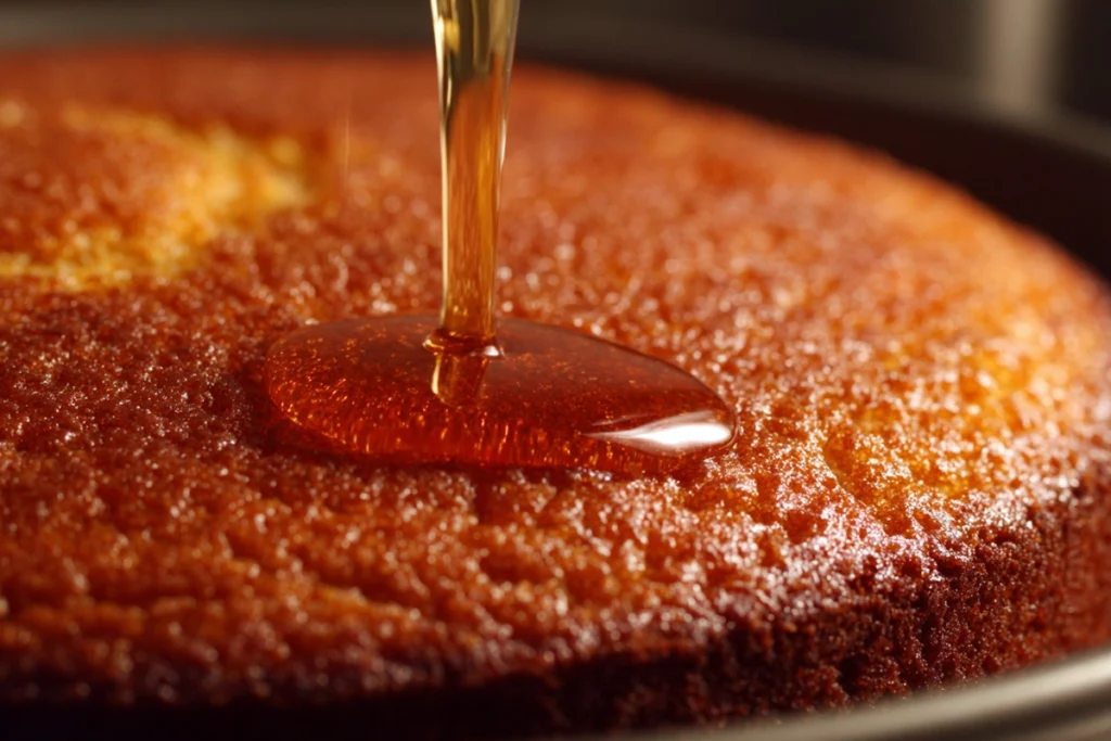 Pouring orange syrup over warm Chocolate Orange Glaze Cake