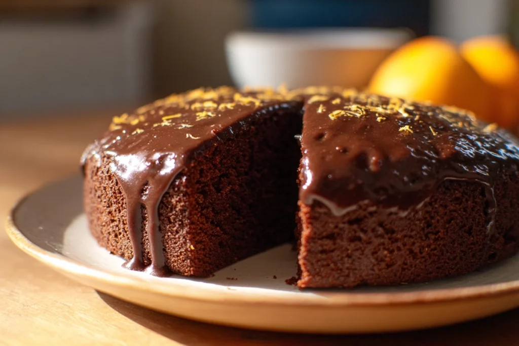 Slice of Chocolate Orange Glaze Cake showing moist crumb and chocolate glaze
