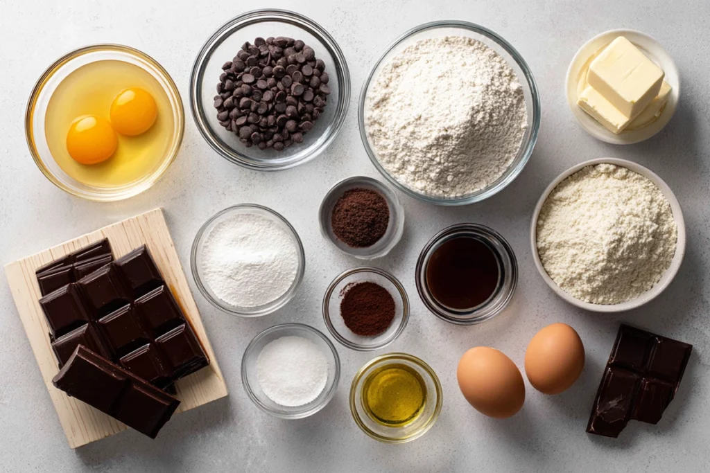 Chocolate Pudding Cake ingredients arranged neatly for baking