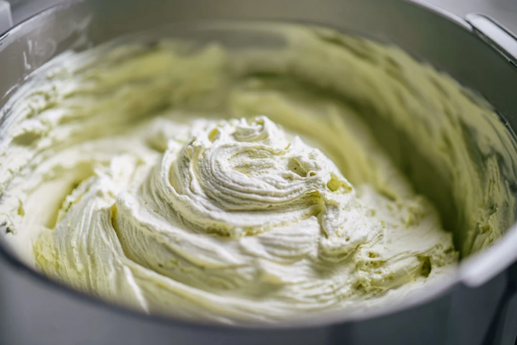 Churning High Protein Pistachio Ice Cream in an ice cream maker