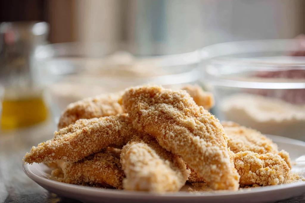 Parmesan Crusted Chicken Tenders coated in breadcrumbs and cheese before baking