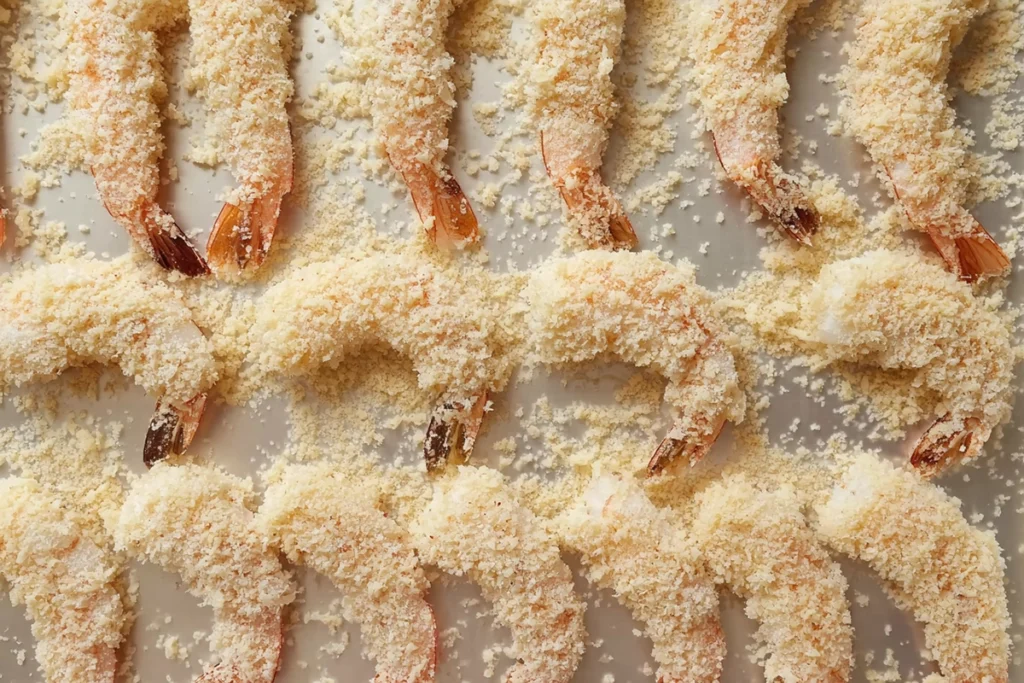Perfect Panko Shrimp coated in panko breadcrumbs before frying