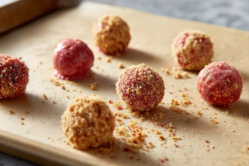 Strawberry Cheesecake Crunch Bites being coated in graham cracker crumbs