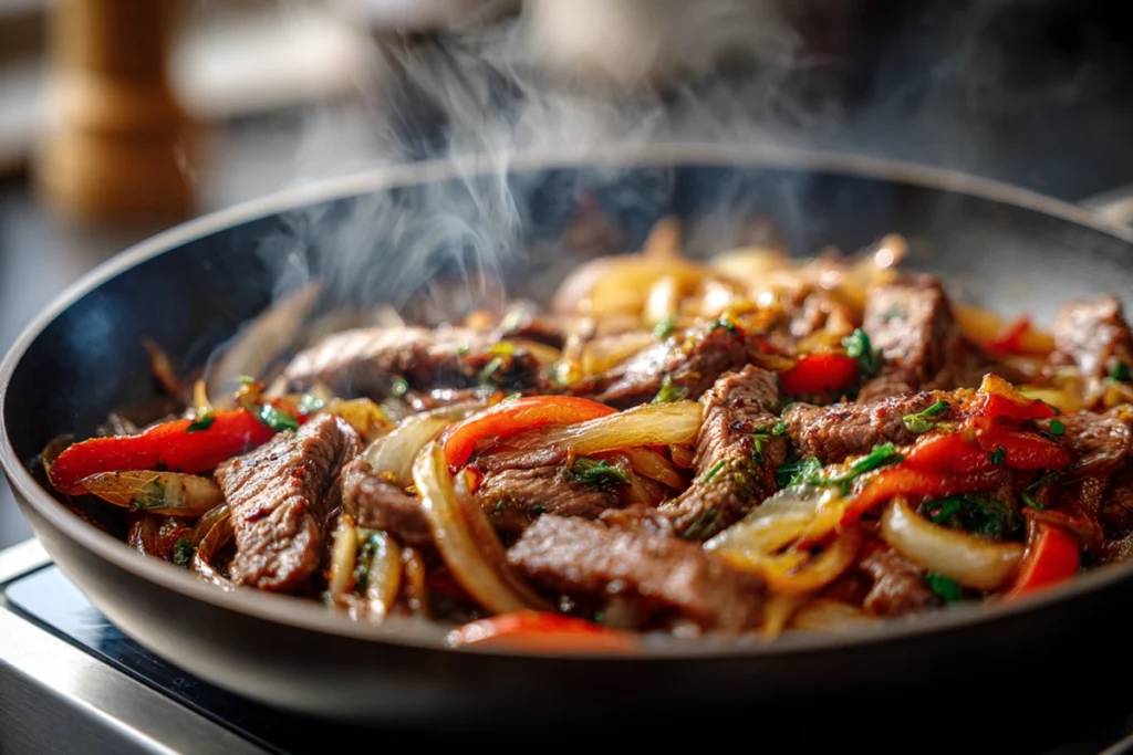 skillet cooking mozzarella cheesesteak stromboli filling with beef onions and peppers