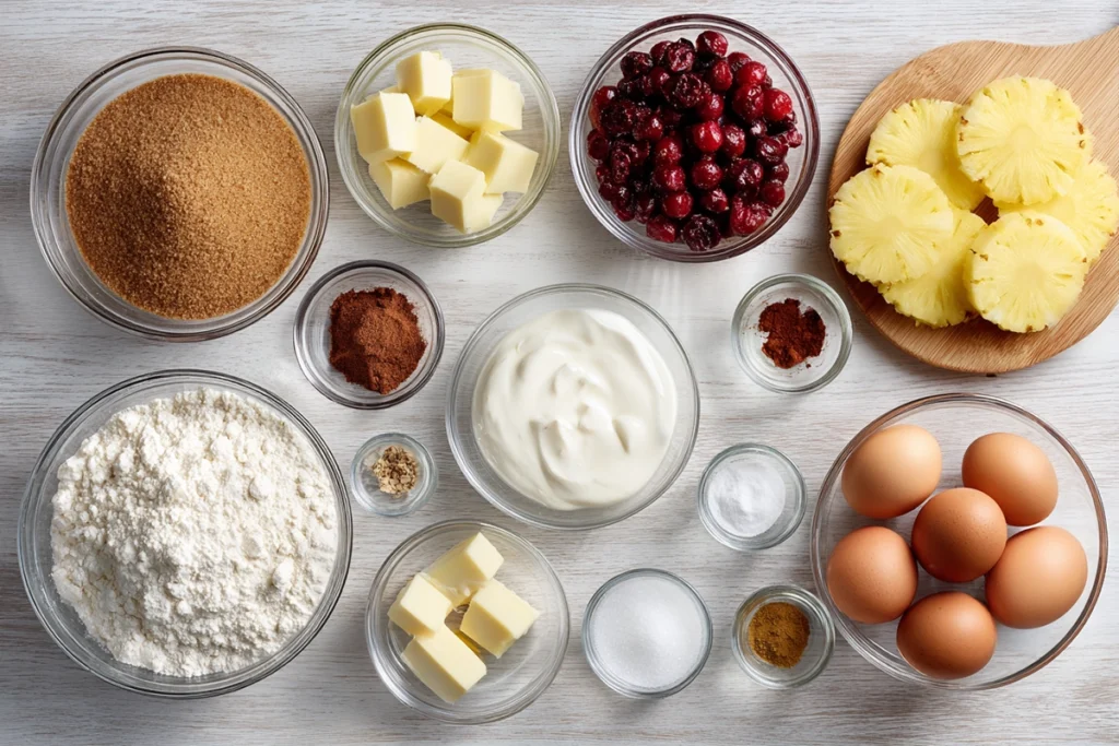 Ingredients for Irresistible Cranberry Pineapple Upside Down Cake arranged overhead
