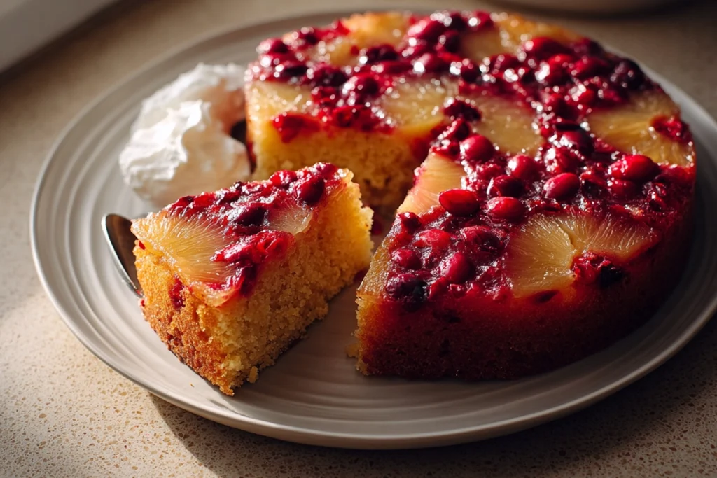 Slice of Irresistible Cranberry Pineapple Upside Down Cake served warm