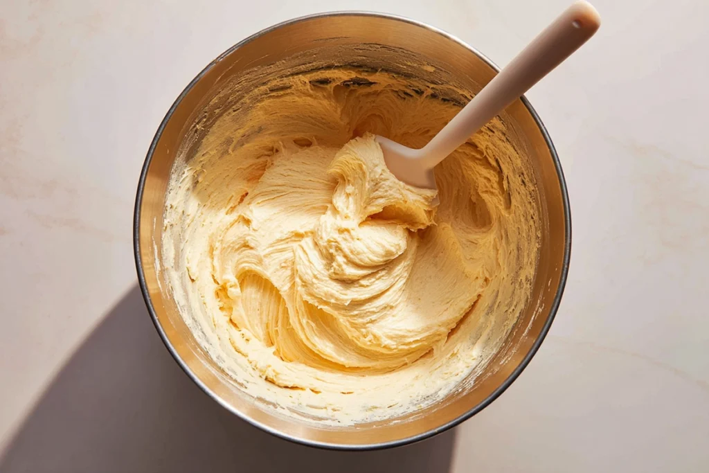 Creamed butter and brown sugar for salted caramel cupcakes