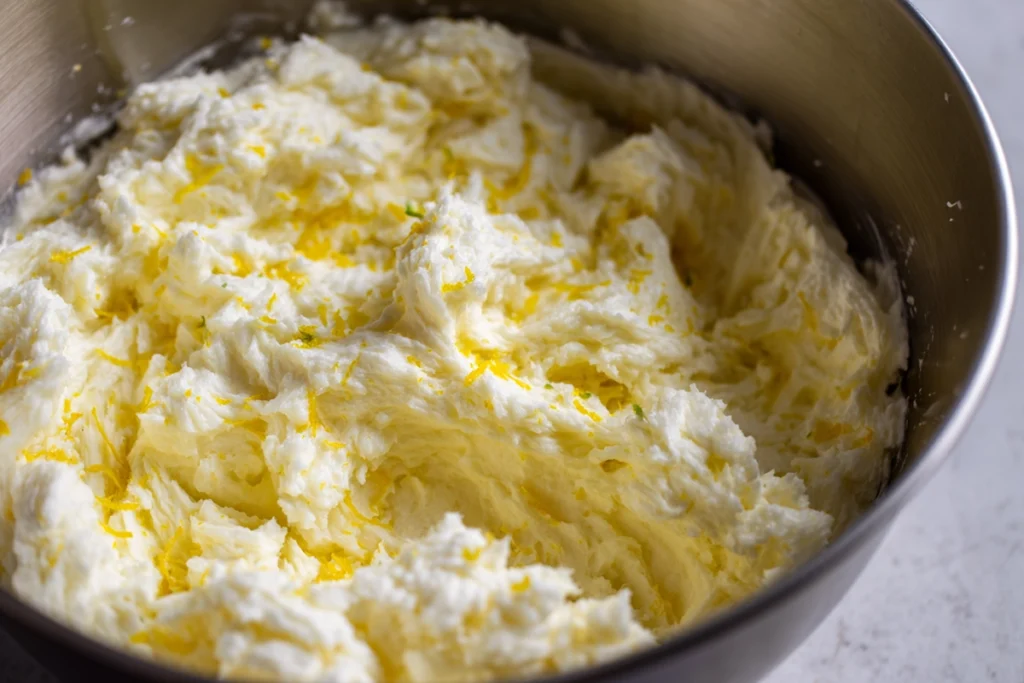 Raspberry Lemon Cupcakes batter with butter and sugar creamed until fluffy