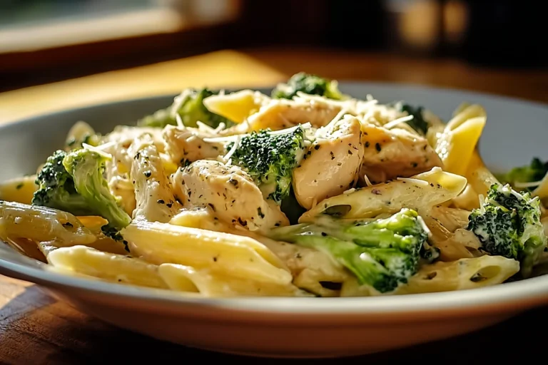 Creamy Broccoli And Chicken Penne served on a ceramic plate in a cozy home kitchen