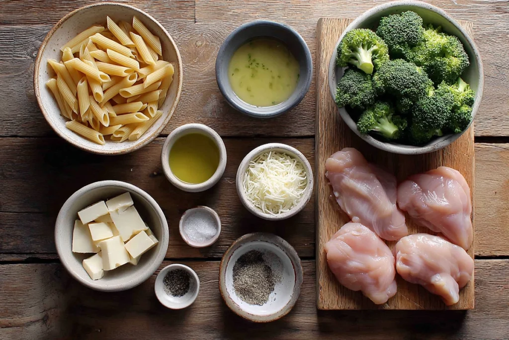 Ingredients for Creamy Broccoli And Chicken Penne arranged on a wooden kitchen counter