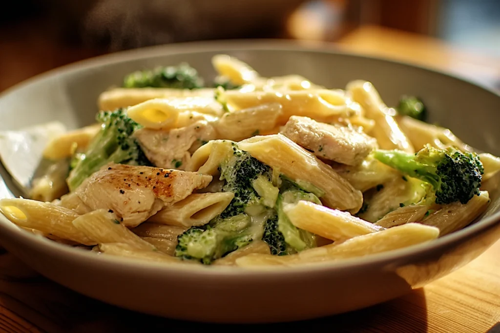 Warm Creamy Broccoli And Chicken Penne served and ready to eat