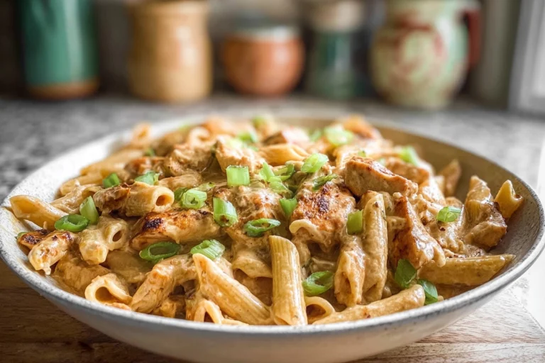 Creamy Cajun Chicken Pasta served on a ceramic plate in a cozy home kitchen